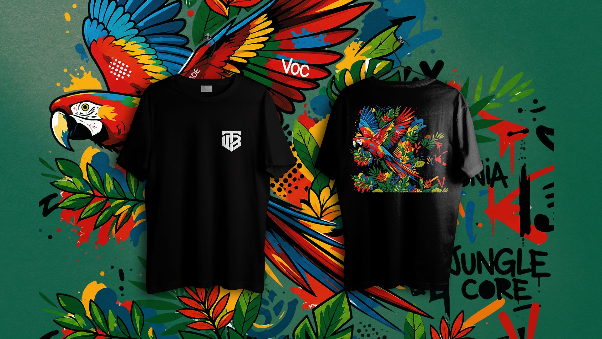 Capa contendo uma camisa de frente e costas da coleção Jungle Core. A estampa é uma arara-vermelha estilizada